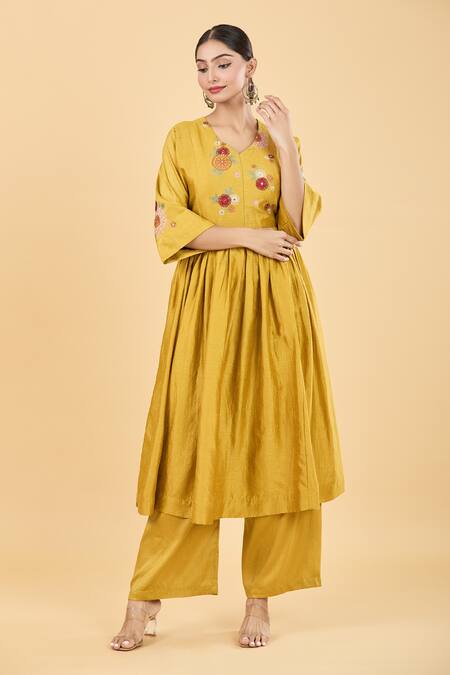Shop Basanti Kapde aur Koffee Yellow Cotton Silk Floral V Neck Embroidered Anarkali And Pant Set Online at Aza Fashions Shop_Basanti Kapde aur Koffee_Yellow Cotton Silk Floral V Neck Embroidered Anarkali And Pant Set_Online_at_Aza_Fashions