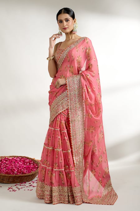 Gopi Vaid_Pink Cotton, Silk Gota Patti, Embroidery Floral Print Layered Saree With Blouse _Online_at_Aza_Fashions