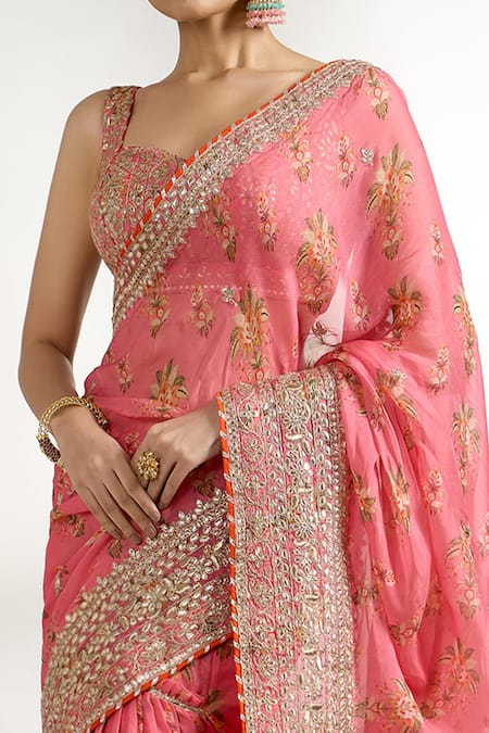 Buy_Gopi Vaid_Pink Cotton, Silk Gota Patti, Embroidery Floral Print Layered Saree With Blouse _Online_at_Aza_Fashions