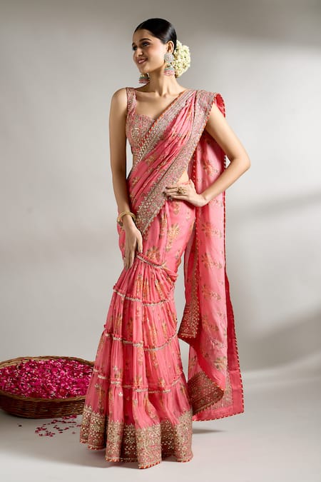 Shop_Gopi Vaid_Pink Cotton, Silk Gota Patti, Embroidery Floral Print Layered Saree With Blouse _Online_at_Aza_Fashions