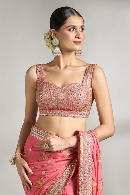 Gopi Vaid_Pink Cotton, Silk Gota Patti, Embroidery Floral Print Layered Saree With Blouse _at_Aza_Fashions