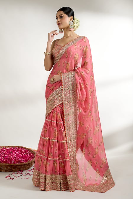 Buy_Gopi Vaid_Pink Cotton, Silk Gota Patti, Embroidery Floral Print Layered Saree With Blouse 
