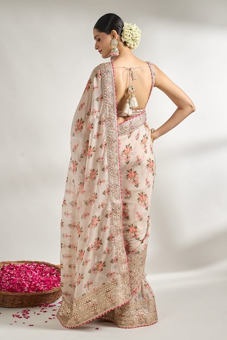 Shop Gopi Vaid Ivory Cotton, Silk Gota Patti, Embroidery Floral Jaal Print Saree With Blouse at Aza Fashions Shop_Gopi Vaid_Ivory Cotton, Silk Gota Patti, Embroidery Floral Jaal Print Saree With Blouse _at_Aza_Fashions