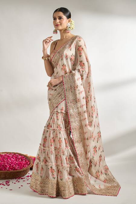 Gopi Vaid Ivory Cotton, Silk Gota Patti, Embroidery Floral Jaal Print Saree With Blouse Online at Aza Fashions Gopi Vaid_Ivory Cotton, Silk Gota Patti, Embroidery Floral Jaal Print Saree With Blouse _Online_at_Aza_Fashions