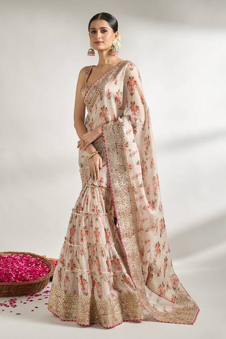Buy Gopi Vaid Ivory Cotton, Silk Gota Patti, Embroidery Floral Jaal Print Saree With Blouse Online at Aza Fashions Buy_Gopi Vaid_Ivory Cotton, Silk Gota Patti, Embroidery Floral Jaal Print Saree With Blouse _Online_at_Aza_Fashions