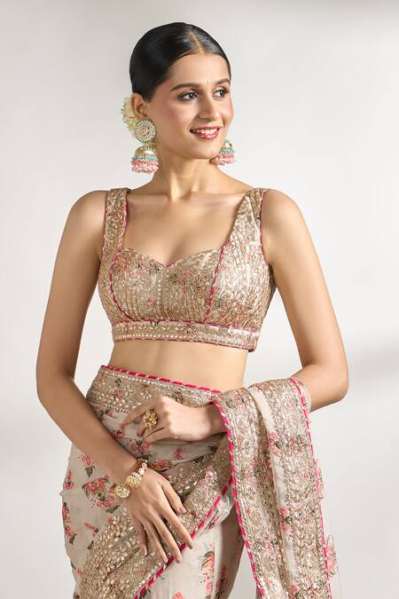 Shop Gopi Vaid Ivory Cotton, Silk Gota Patti, Embroidery Floral Jaal Print Saree With Blouse Online at Aza Fashions Shop_Gopi Vaid_Ivory Cotton, Silk Gota Patti, Embroidery Floral Jaal Print Saree With Blouse _Online_at_Aza_Fashions