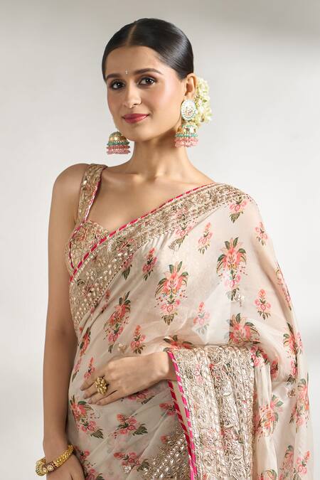 Buy Gopi Vaid Ivory Cotton, Silk Gota Patti, Embroidery Floral Jaal Print Saree With Blouse Buy_Gopi Vaid_Ivory Cotton, Silk Gota Patti, Embroidery Floral Jaal Print Saree With Blouse
