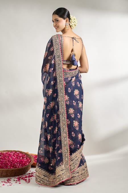 Gopi Vaid Flower Print Saree With Blouse 