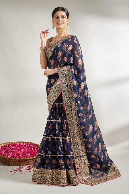 Gopi Vaid_Blue Cotton, Silk Gota Patti, Embroidery Flower Print Saree With Blouse _Online_at_Aza_Fashions