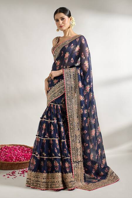 Buy_Gopi Vaid_Blue Cotton, Silk Gota Patti, Embroidery Flower Print Saree With Blouse _Online_at_Aza_Fashions