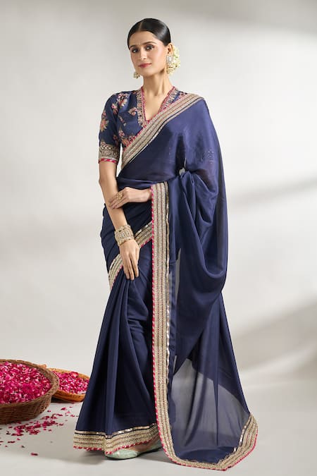 Gopi Vaid Blue Saree Chiffon Embroidery Lace Blunt V Neck Border With Blouse 