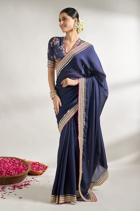 Gopi Vaid_Blue Chiffon, Cotton, Silk Lace, Gota Patti, Border Saree With Blouse _Online_at_Aza_Fashions