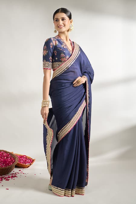 Buy_Gopi Vaid_Blue Chiffon, Cotton, Silk Lace, Gota Patti, Border Saree With Blouse _Online_at_Aza_Fashions