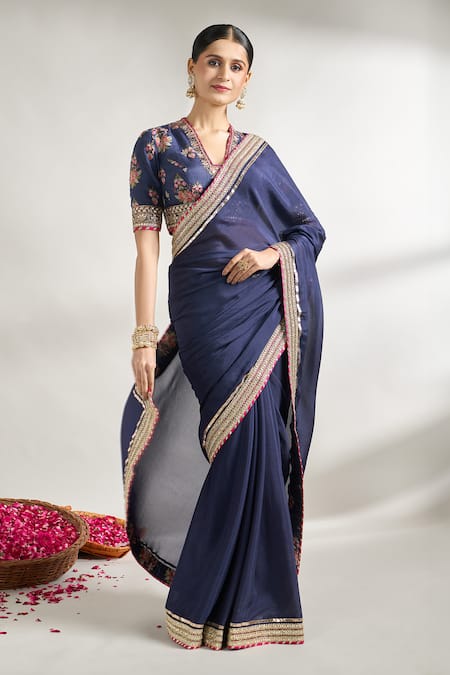 Shop_Gopi Vaid_Blue Chiffon, Cotton, Silk Lace, Gota Patti, Border Saree With Blouse _Online_at_Aza_Fashions
