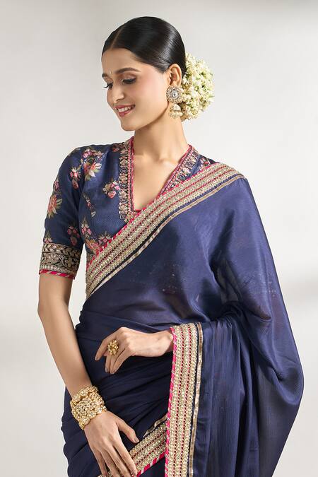 Gopi Vaid_Blue Chiffon, Cotton, Silk Lace, Gota Patti, Border Saree With Blouse _at_Aza_Fashions