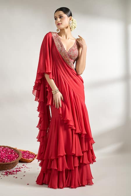 Buy_Gopi Vaid_Red Cotton, Silk, Georgette Embroidery, Border Pre-draped Saree With Blouse _Online_at_Aza_Fashions
