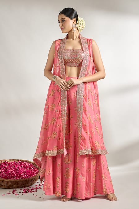 Gopi Vaid Pink Cotton Silk Printed Floral Cape Open Flared Pant Set 