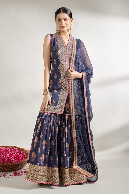 Gopi Vaid Blue Kurta And Sharara Cotton Silk Printed Floral Jaal V Neck Set 