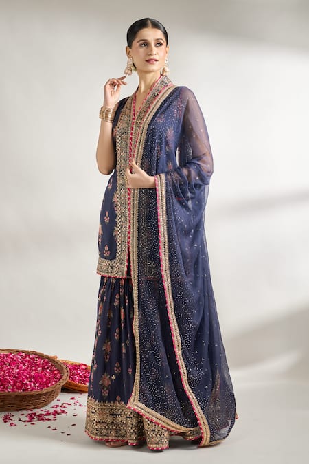 Gopi Vaid Blue Cotton, Silk, Chiffon Gota Patti, Embroidery Printed Kurta Sharara Set Online at Aza Fashions Gopi Vaid_Blue Cotton, Silk, Chiffon Gota Patti, Embroidery Printed Kurta Sharara Set _Online_at_Aza_Fashions