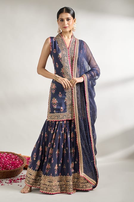 Shop Gopi Vaid Blue Cotton, Silk, Chiffon Gota Patti, Embroidery Printed Kurta Sharara Set Online at Aza Fashions Shop_Gopi Vaid_Blue Cotton, Silk, Chiffon Gota Patti, Embroidery Printed Kurta Sharara Set _Online_at_Aza_Fashions