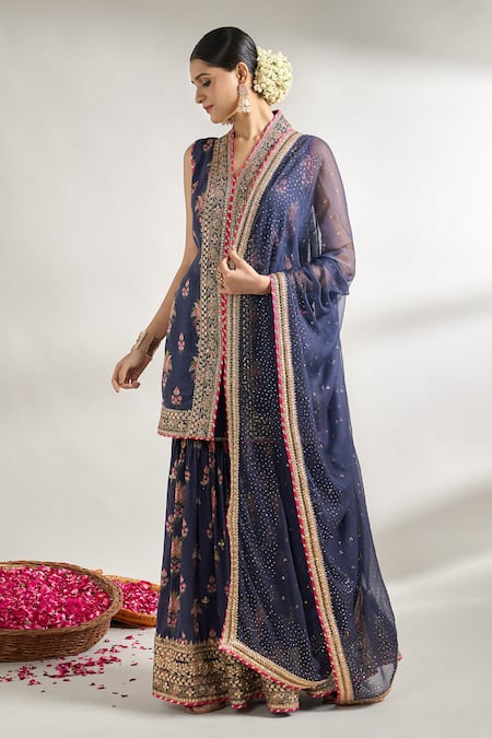 Gopi Vaid Blue Cotton, Silk, Chiffon Gota Patti, Embroidery Printed Kurta Sharara Set at Aza Fashions Gopi Vaid_Blue Cotton, Silk, Chiffon Gota Patti, Embroidery Printed Kurta Sharara Set _at_Aza_Fashions