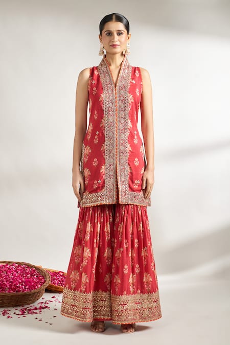Gopi Vaid_Red Cotton, Silk, Chiffon Embroidery, Lace, Floral Jaal Print Kurta Sharara Set _Online_at_Aza_Fashions