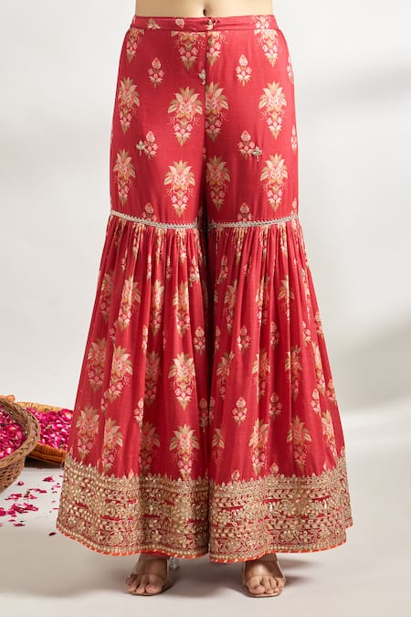 Buy_Gopi Vaid_Red Cotton, Silk, Chiffon Embroidery, Lace, Floral Jaal Print Kurta Sharara Set _Online_at_Aza_Fashions