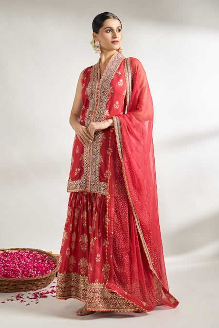Shop_Gopi Vaid_Red Cotton, Silk, Chiffon Embroidery, Lace, Floral Jaal Print Kurta Sharara Set _Online_at_Aza_Fashions