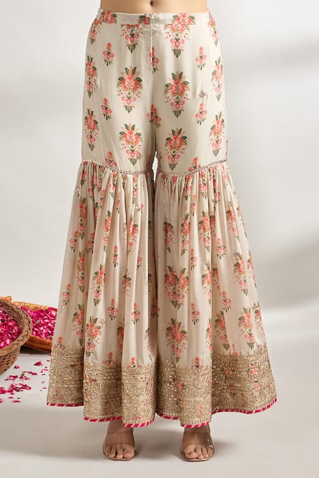 Gopi Vaid_Ivory Cotton, Silk, Chiffon Gota Patti, Flower Print Kurta Sharara Set _Online_at_Aza_Fashions