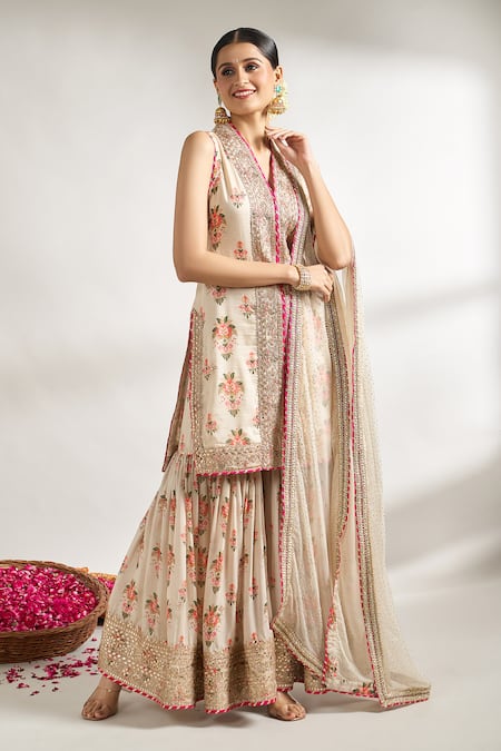 Buy_Gopi Vaid_Ivory Cotton, Silk, Chiffon Gota Patti, Flower Print Kurta Sharara Set _Online_at_Aza_Fashions
