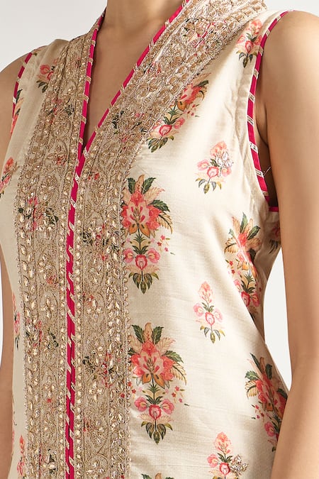 Shop_Gopi Vaid_Ivory Cotton, Silk, Chiffon Gota Patti, Flower Print Kurta Sharara Set _Online_at_Aza_Fashions