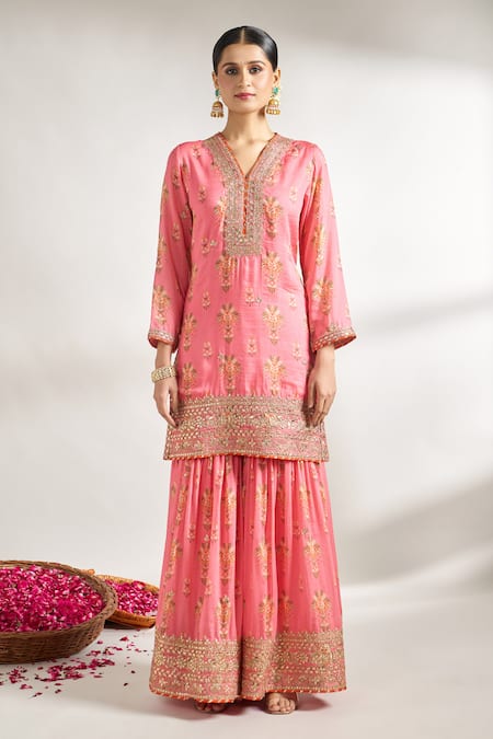 Gopi Vaid_Pink Cotton, Silk, Net Embroidery, Gota Patti Bouquet Print Kurta Sharara Set _Online_at_Aza_Fashions