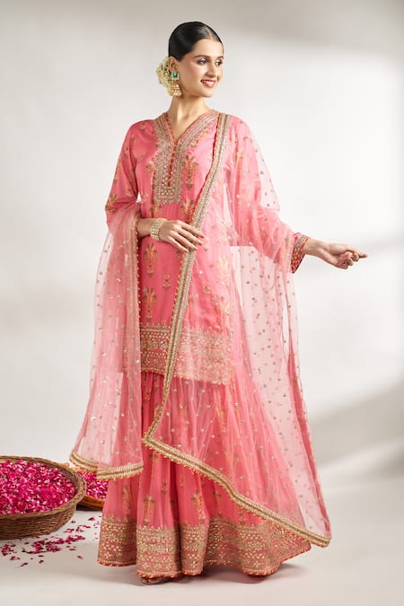 Buy_Gopi Vaid_Pink Cotton, Silk, Net Embroidery, Gota Patti Bouquet Print Kurta Sharara Set _Online_at_Aza_Fashions
