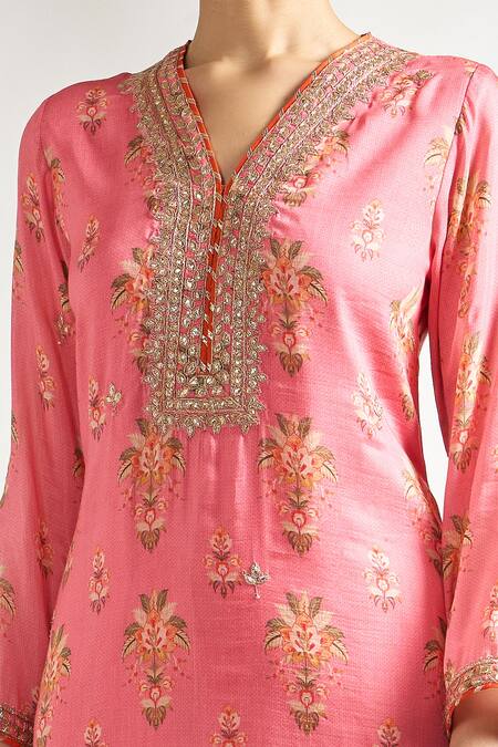 Shop_Gopi Vaid_Pink Cotton, Silk, Net Embroidery, Gota Patti Bouquet Print Kurta Sharara Set _Online_at_Aza_Fashions