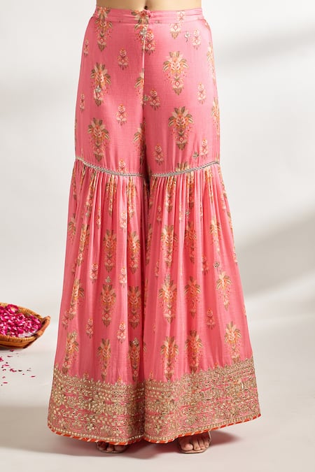 Gopi Vaid_Pink Cotton, Silk, Net Embroidery, Gota Patti Bouquet Print Kurta Sharara Set _at_Aza_Fashions