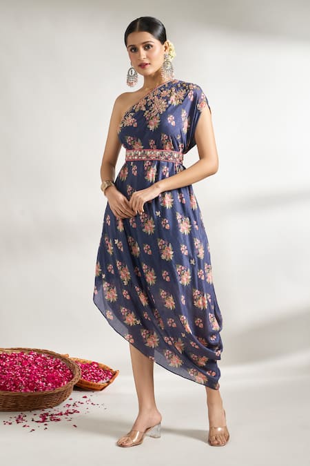 Gopi Vaid One Shoulder Printed Dress With Belt 