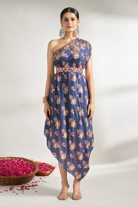 Gopi Vaid_Blue Cotton, Silk Cut Work, Sequins, Zari, One Shoulder Printed Dress With Belt _Online_at_Aza_Fashions