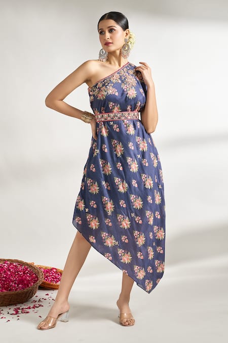 Buy_Gopi Vaid_Blue Cotton, Silk Cut Work, Sequins, Zari, One Shoulder Printed Dress With Belt _Online_at_Aza_Fashions