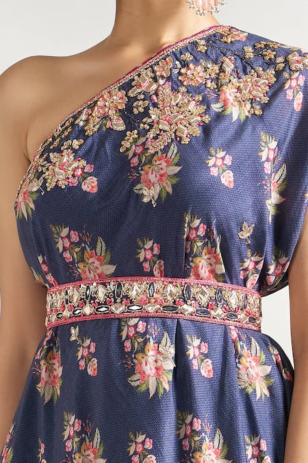 Shop_Gopi Vaid_Blue Cotton, Silk Cut Work, Sequins, Zari, One Shoulder Printed Dress With Belt _Online_at_Aza_Fashions