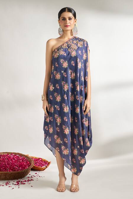 Gopi Vaid_Blue Cotton, Silk Cut Work, Sequins, Zari, One Shoulder Printed Dress With Belt _at_Aza_Fashions