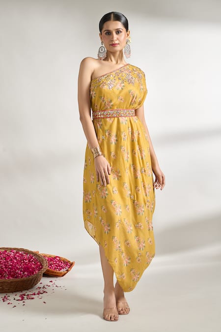 Gopi Vaid Yellow Cotton Silk Printed Floral Asymmetric Dress With Belt 