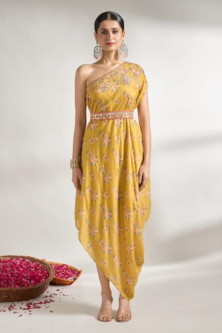 Gopi Vaid_Yellow Cotton, Silk Sequins, Zari, Cut Work, Embroidery Printed Dress With Belt _Online_at_Aza_Fashions
