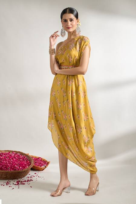 Buy_Gopi Vaid_Yellow Cotton, Silk Sequins, Zari, Cut Work, Embroidery Printed Dress With Belt _Online_at_Aza_Fashions