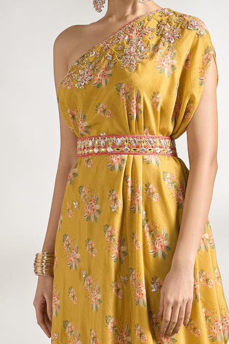 Shop_Gopi Vaid_Yellow Cotton, Silk Sequins, Zari, Cut Work, Embroidery Printed Dress With Belt _Online_at_Aza_Fashions