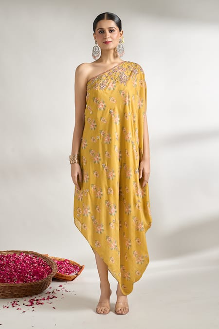 Gopi Vaid_Yellow Cotton, Silk Sequins, Zari, Cut Work, Embroidery Printed Dress With Belt _at_Aza_Fashions