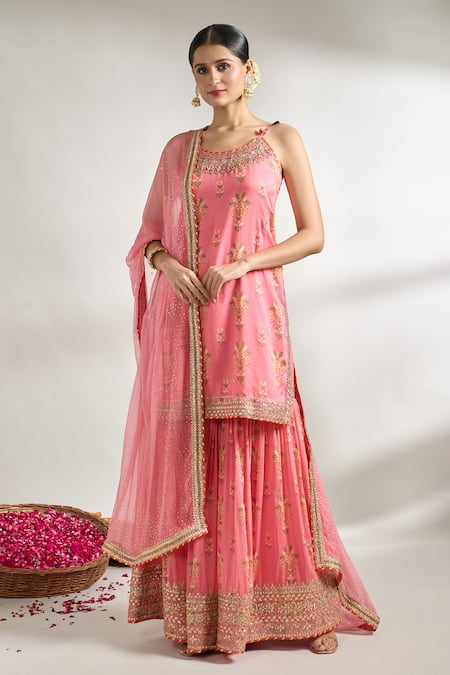 Gopi Vaid Pink Cotton, Silk, Chiffon Gota Patti, Cut Florette Print Kurta Sharara Set 