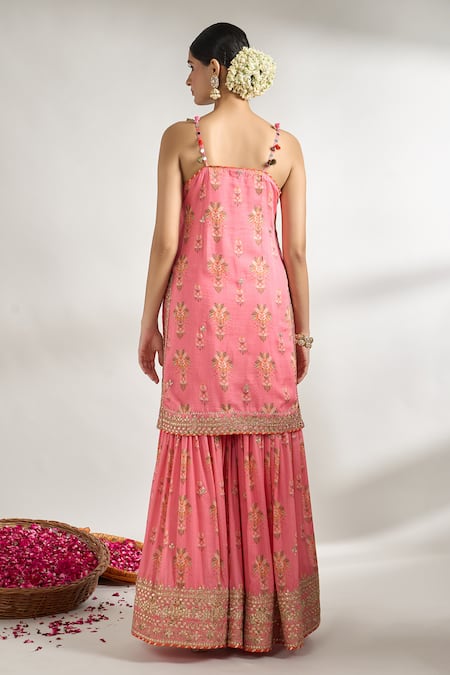 Shop_Gopi Vaid_Pink Cotton, Silk, Chiffon Gota Patti, Cut Florette Print Kurta Sharara Set _at_Aza_Fashions