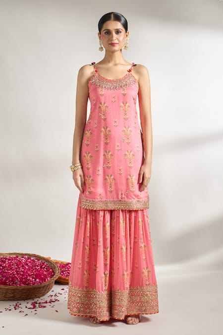 Gopi Vaid_Pink Cotton, Silk, Chiffon Gota Patti, Cut Florette Print Kurta Sharara Set _Online_at_Aza_Fashions