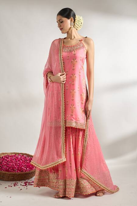 Shop_Gopi Vaid_Pink Cotton, Silk, Chiffon Gota Patti, Cut Florette Print Kurta Sharara Set _Online_at_Aza_Fashions