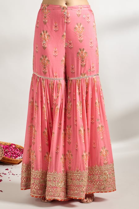 Gopi Vaid_Pink Cotton, Silk, Chiffon Gota Patti, Cut Florette Print Kurta Sharara Set _at_Aza_Fashions